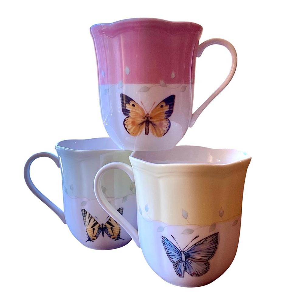 LENOX BUTTERFLY MOTIF 3 MUG SET IN PINK, YELLOW, CREAM